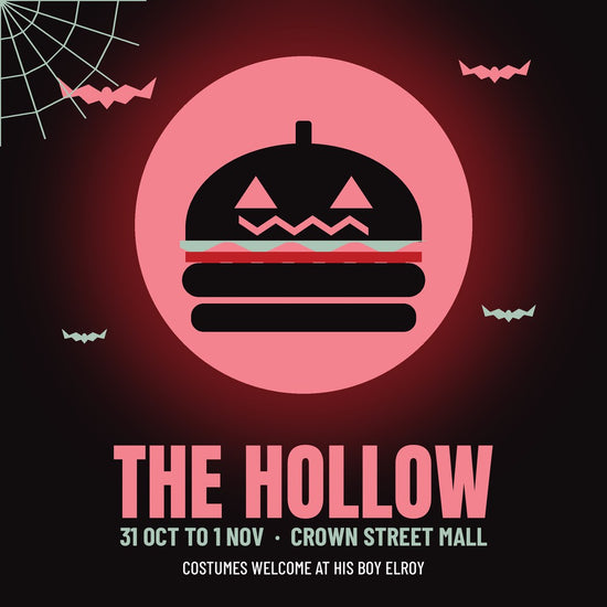 His Boy Elroy Halloween graphic: a jack-o'-lantern burger against a pink moon with bats, for The Hollow, 31 Oct to 1 Nov in Crown Street Mall